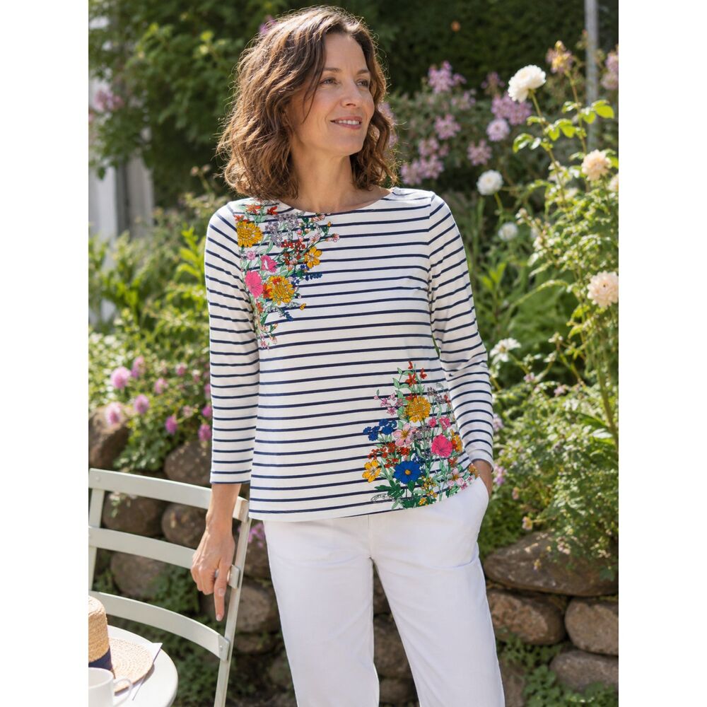 Talbots Striped Floral Tee Top Nautical 3/4 Sleeve Cotton Stretch Medium